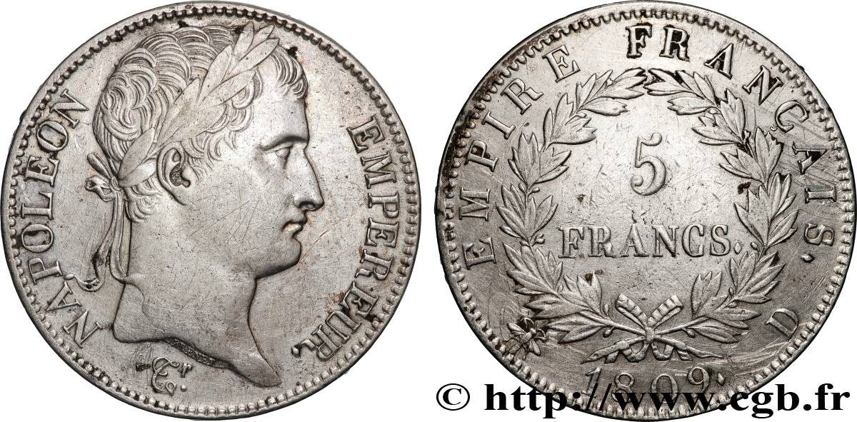 5 francs Napoléon Empereur, Empire français 1809 Lyon F.307/4 TTB 