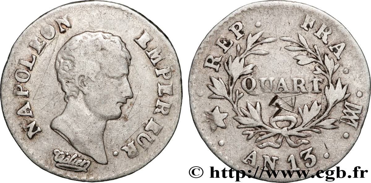 Quart (de franc) Napoléon Empereur, Calendrier révolutionnaire 1805 Marseille F.158/15 TB 