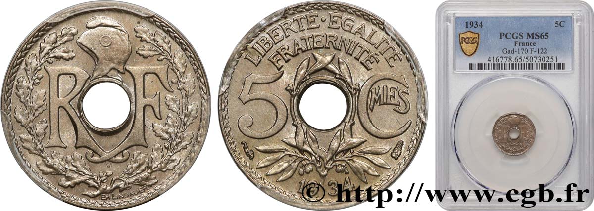 5 centimes Lindauer, petit module 1934 Paris F.122/17 FDC65 PCGS
