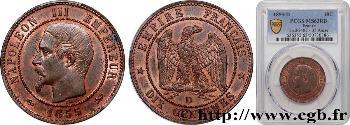 Dix centimes Napoléon III, tête nue 1855 Lyon F.133/26 SPL63 PCGS