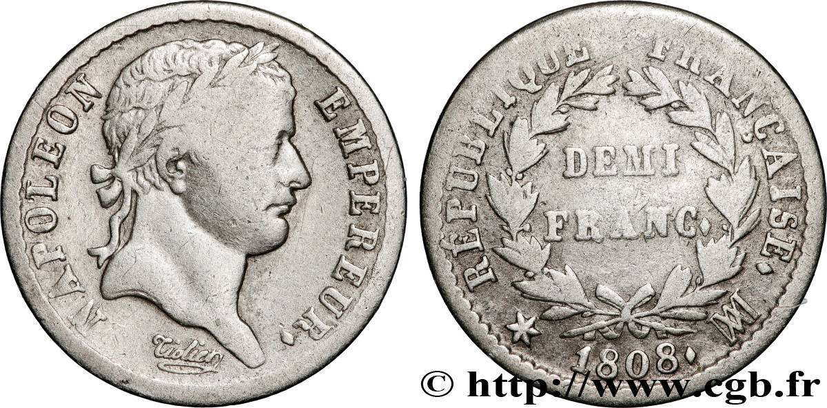 Demi-franc Napoléon Ier tête laurée, République française 1808 Marseille F.177/12 fSS 