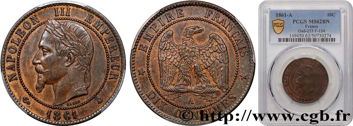 Dix centimes Napoléon III, tête laurée 1861 Paris F.134/4 SUP62 PCGS