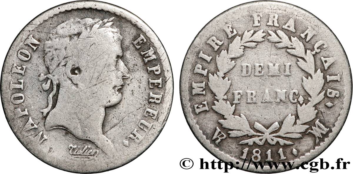 Demi-franc Napoléon Ier tête laurée, Empire français 1811 Marseille F.178/30 B+ 
