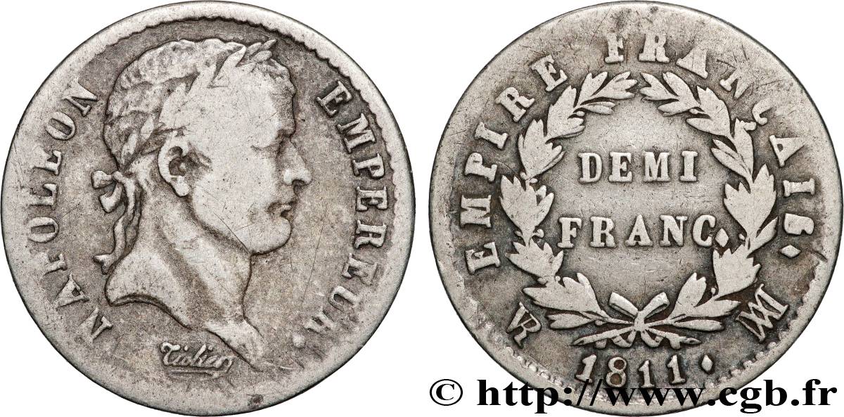 Demi-franc Napoléon Ier tête laurée, Empire français 1811 Marseille F.178/30 TB 