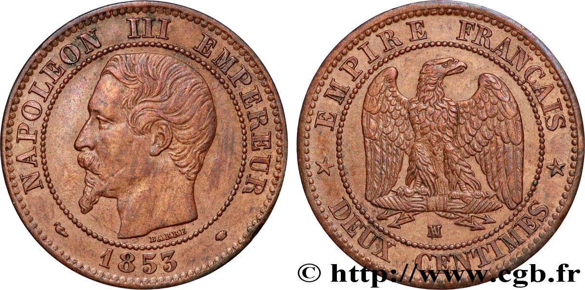 Deux centimes Napoléon III, tête nue 1853 Marseille F.107/7 TTB+ 