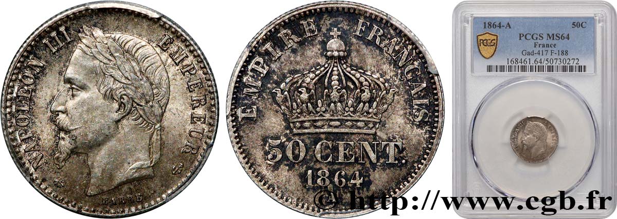 50 centimes Napoléon III, tête laurée 1864 Paris F.188/2 SPL64 PCGS