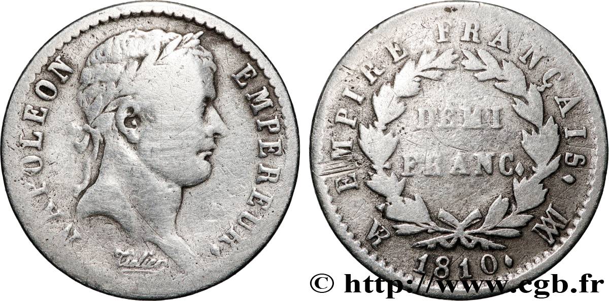 Demi-franc Napoléon Ier tête laurée, Empire français 1810 Marseille F.178/19 TB 