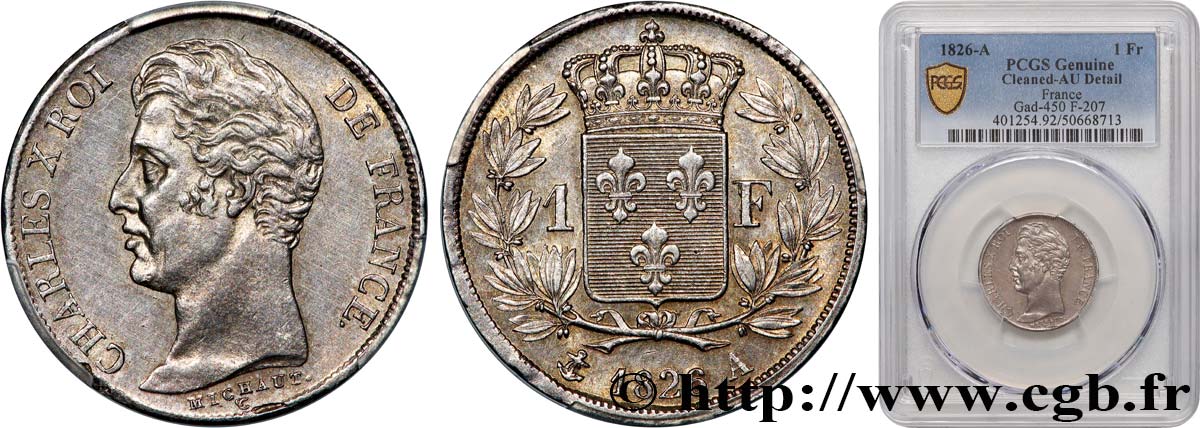 1 franc Charles X, matrice du revers à cinq feuilles 1826 Paris F.207/13 SPL 