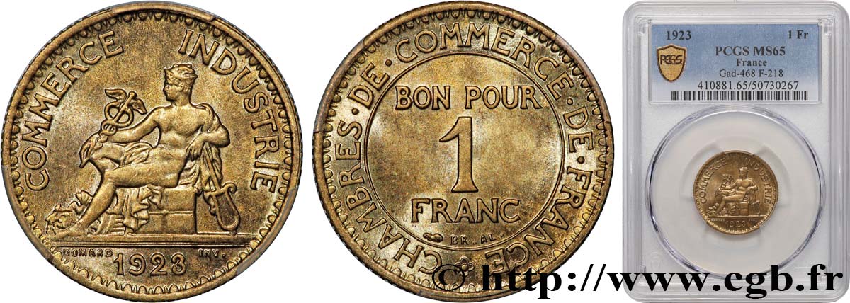 1 franc Chambres de Commerce 1923 Paris F.218/5 FDC65 PCGS