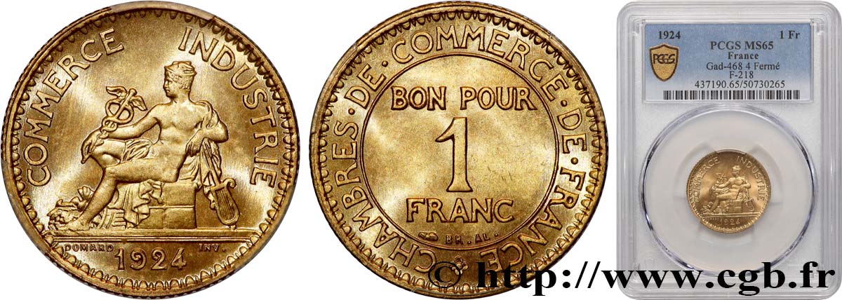 1 franc Chambres de Commerce 1924 Paris F.218/6 FDC65 PCGS