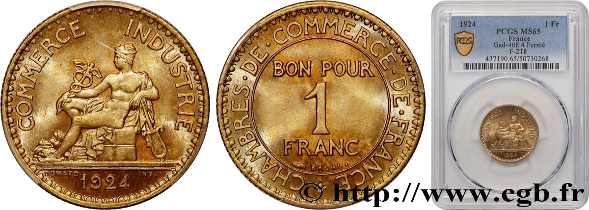 1 franc Chambres de Commerce 1924 Paris F.218/6 MS65 PCGS