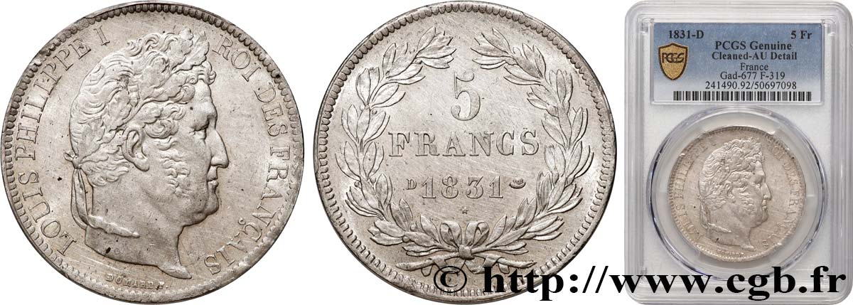 5 francs Ier type Domard, tranche en creux 1831 Lyon F.319/2 q.SPL PCGS