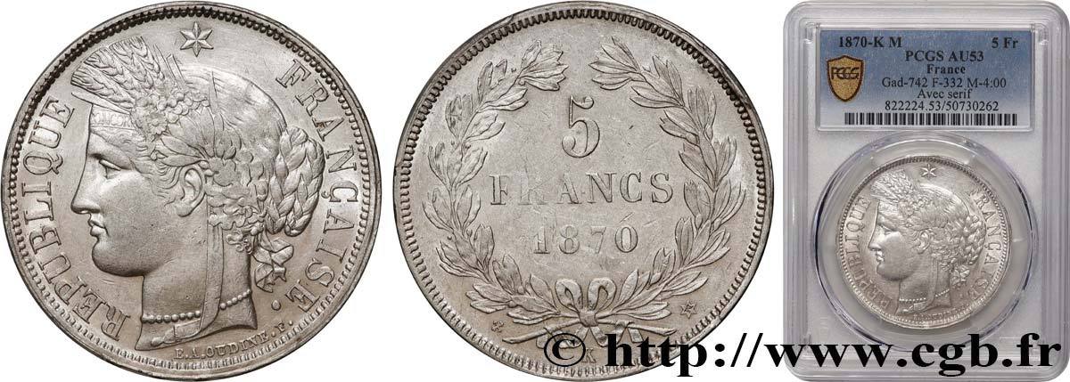 5 francs Cérès, sans légende 1870 Bordeaux F.332/3 TTB53 PCGS