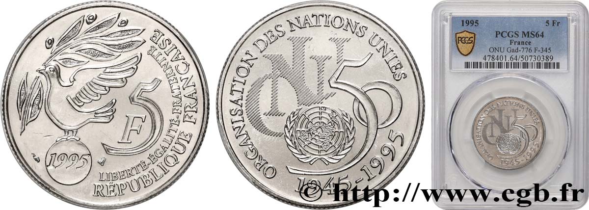 5 francs Cinquantenaire de l’ONU 1995 Pessac F.345/1 SPL64 PCGS