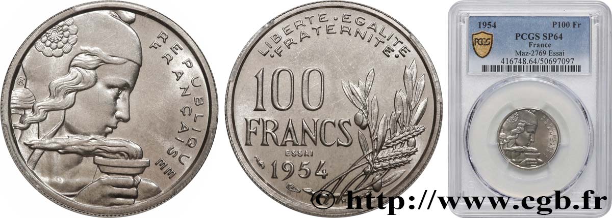 Essai de 100 francs Cochet 1954 Paris F.450/1 SPL64 PCGS