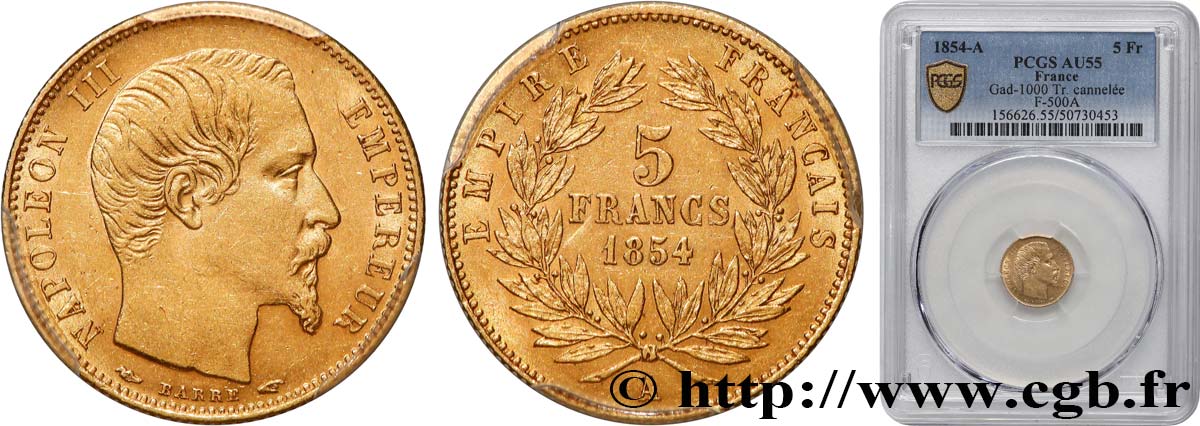 5 francs or Napoléon III, tête nue, petit module, tranche cannelée 1854 Paris F.500A/1 VZ55 PCGS