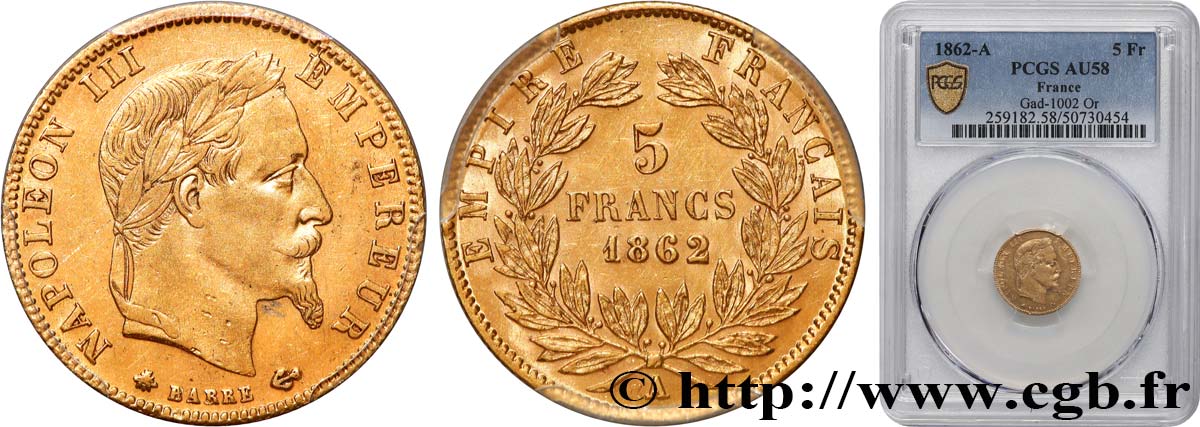 5 francs or Napoléon III, tête laurée 1862 Paris F.502/1 AU58 PCGS