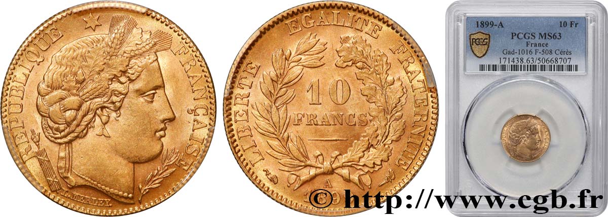 10 francs or Cérès, Troisième République 1899 Paris F.508/5 SC63 PCGS