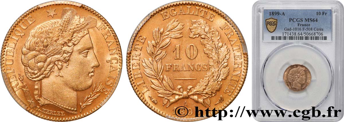 10 francs or Cérès, Troisième République 1899 Paris F.508/5 SC64 PCGS