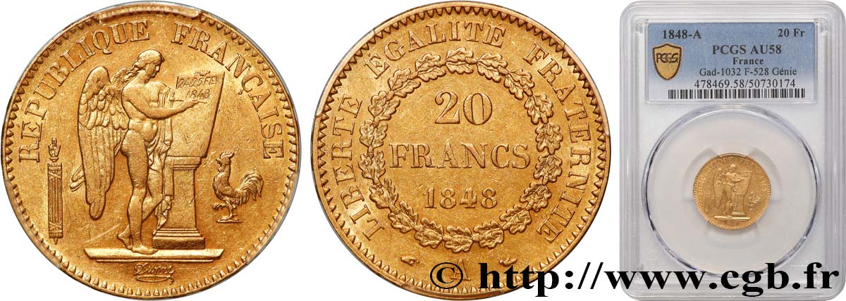 20 francs or Génie, IIe République 1848 Paris F.528/1 SUP58 PCGS