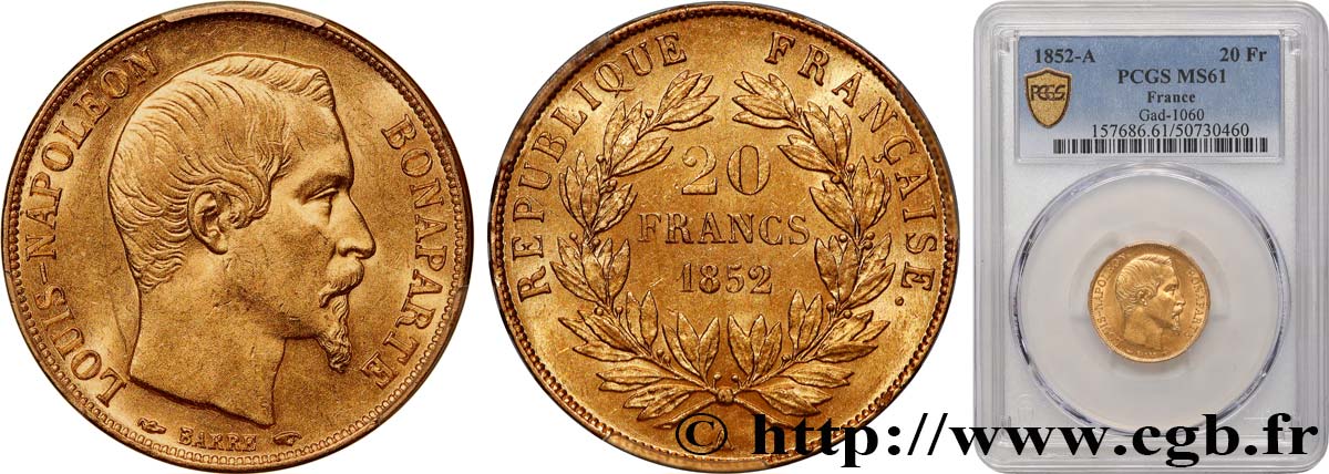 20 francs or Louis-Napoléon 1852 Paris F.530/1 SUP61 PCGS