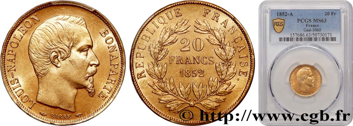 20 francs or Louis-Napoléon 1852 Paris F.530/1 SC63 PCGS