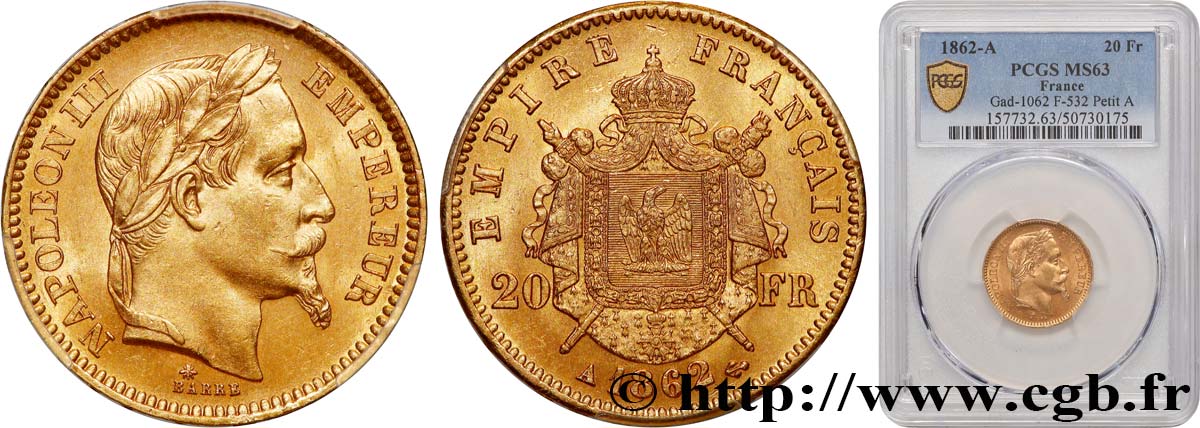 20 francs or Napoléon III, tête laurée, Petit A 1862 Paris F.532/3 SPL63 PCGS