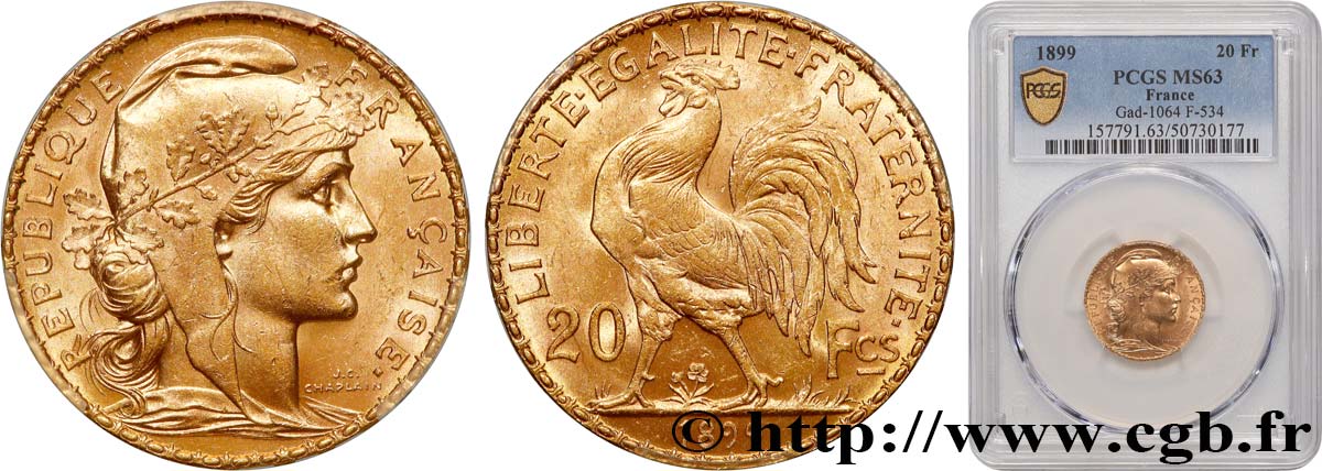 20 francs or Coq, Dieu protège la France 1899 Paris F.534/2 SPL63 PCGS