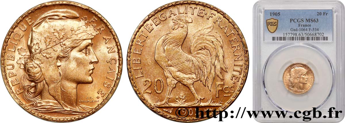 20 francs or Coq, Dieu protège la France 1905 Paris F.534/10 MS63 PCGS