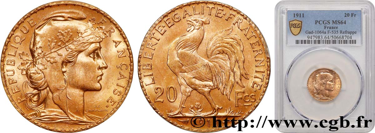 20 francs or Coq, Liberté Égalité Fraternité 1911 Paris F.535/5 SPL64 PCGS