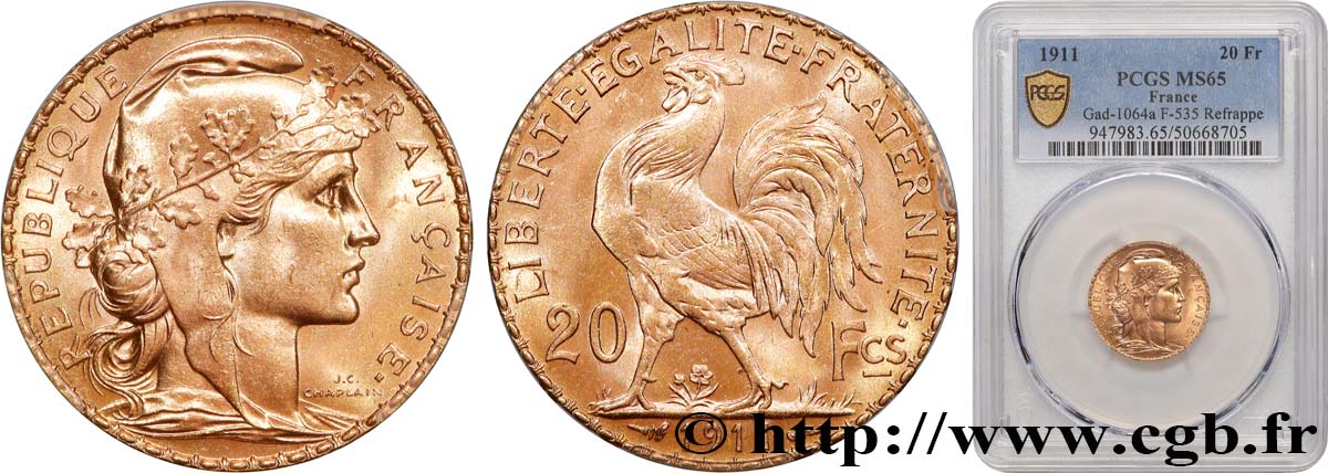 20 francs or Coq, Liberté Égalité Fraternité 1911 Paris F.535/5 MS65 PCGS