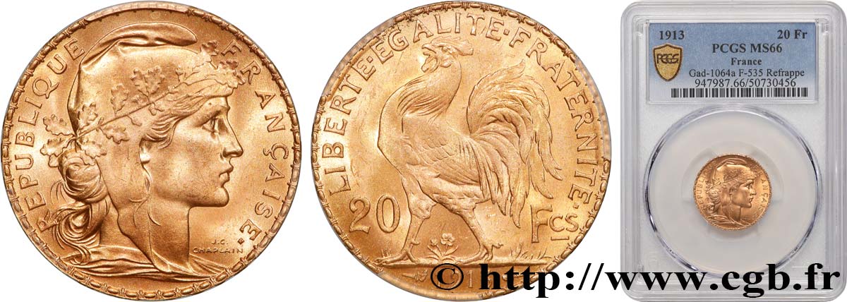 20 francs or Coq, Liberté Égalité Fraternité 1913 Paris F.535/7 FDC66 PCGS