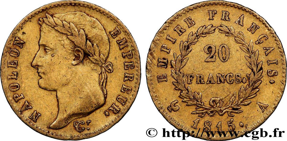 20 francs or Napoléon tête laurée, Cent-Jours 1815 Paris F.516A/1 VF 