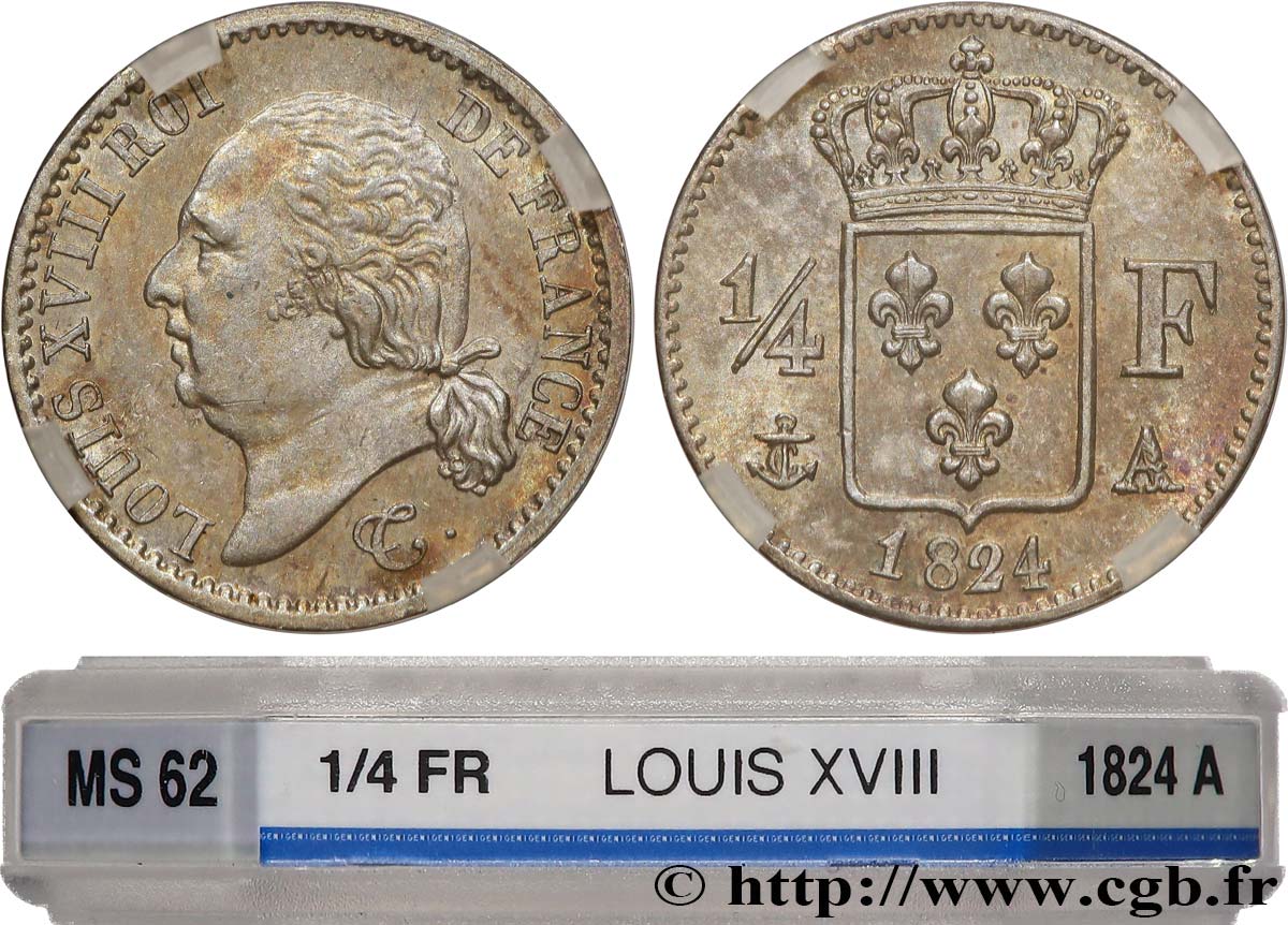 1/4 franc Louis XVIII  1824 Paris F.163/31 SUP62 GENI