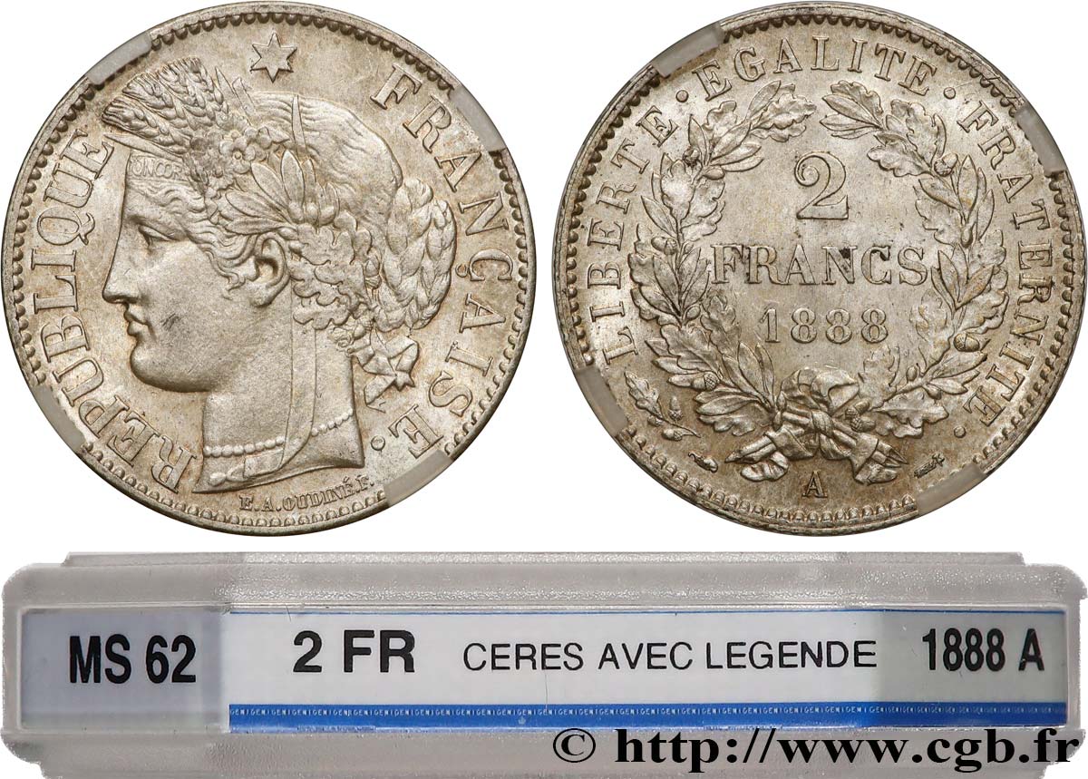 2 francs Cérès, avec légende 1888 Paris F.265/14 MS62 GENI