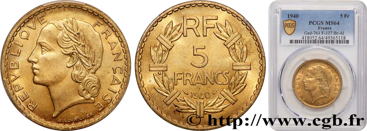 5 francs Lavrillier, bronze-aluminium 1940  F.337/4 SPL64 PCGS