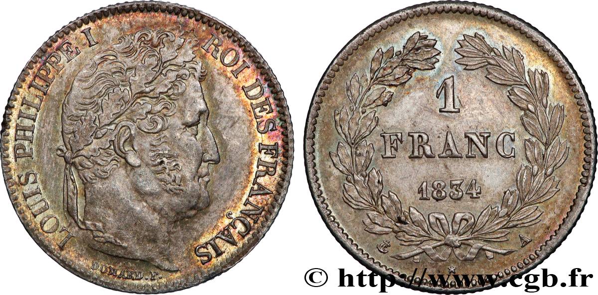 1 franc Louis-Philippe, couronne de chêne 1834 Paris F.210/27 SUP55 