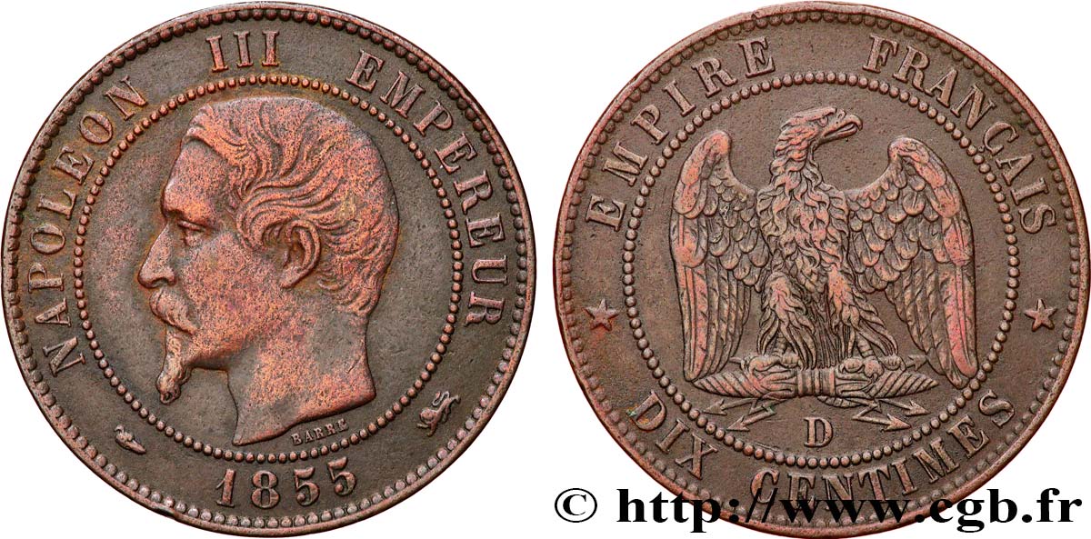 Dix centimes Napoléon III, tête nue 1855 Lyon F.133/25 TB+ 