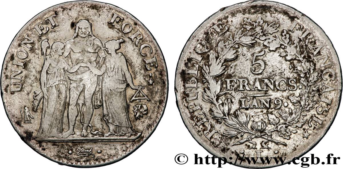 5 francs Union et Force, Union serré, avec glands intérieurs et gland extérieur 1801 Bayonne F.288/161 TB 