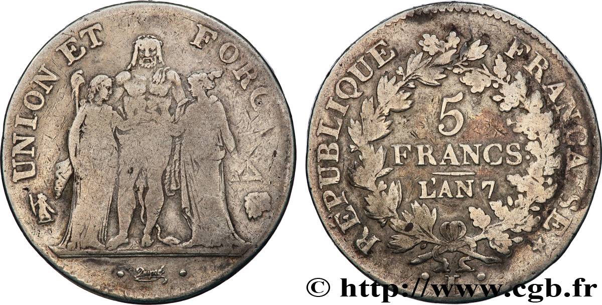 5 francs Union et Force, Union desserré, avec glands intérieurs et gland extérieur 1799 Bayonne F.291/28 TB 