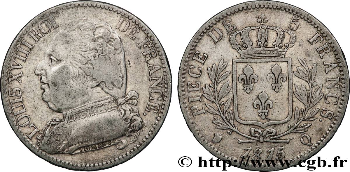 5 francs Louis XVIII, buste habillé 1815 Perpignan F.308/29 VF 