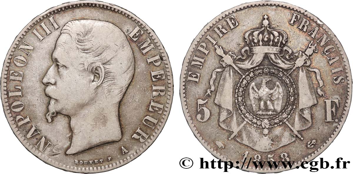 5 francs Napoléon III, tête nue 1858 Paris F.330/11 TB+ 