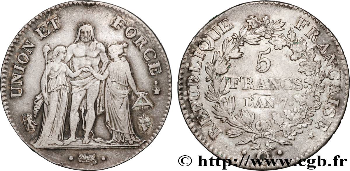 5 francs Union et Force, Union serré, seulement gland extérieur 1799 Perpignan F.288/118 XF 