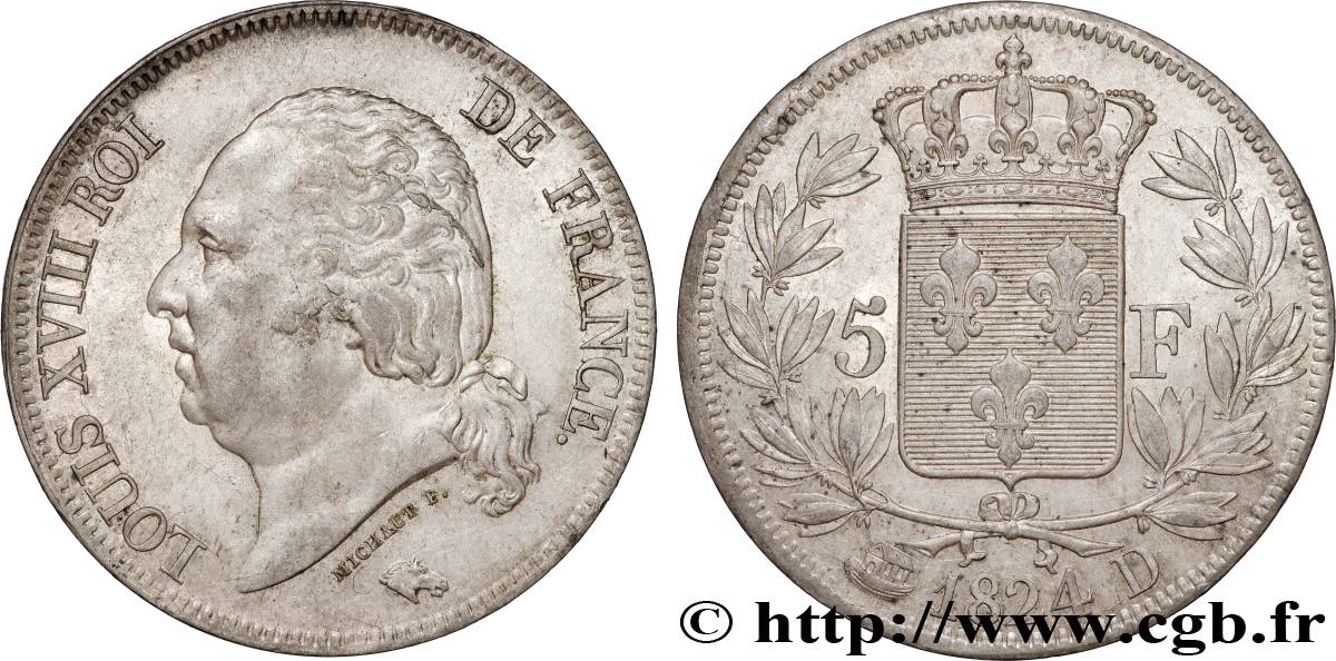 5 francs Louis XVIII, tête nue 1824 Lyon F.309/90 AU 