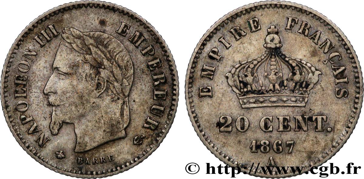 20 centimes Napoléon III, tête laurée, grand module 1867 Paris F.150/1 TB+ 