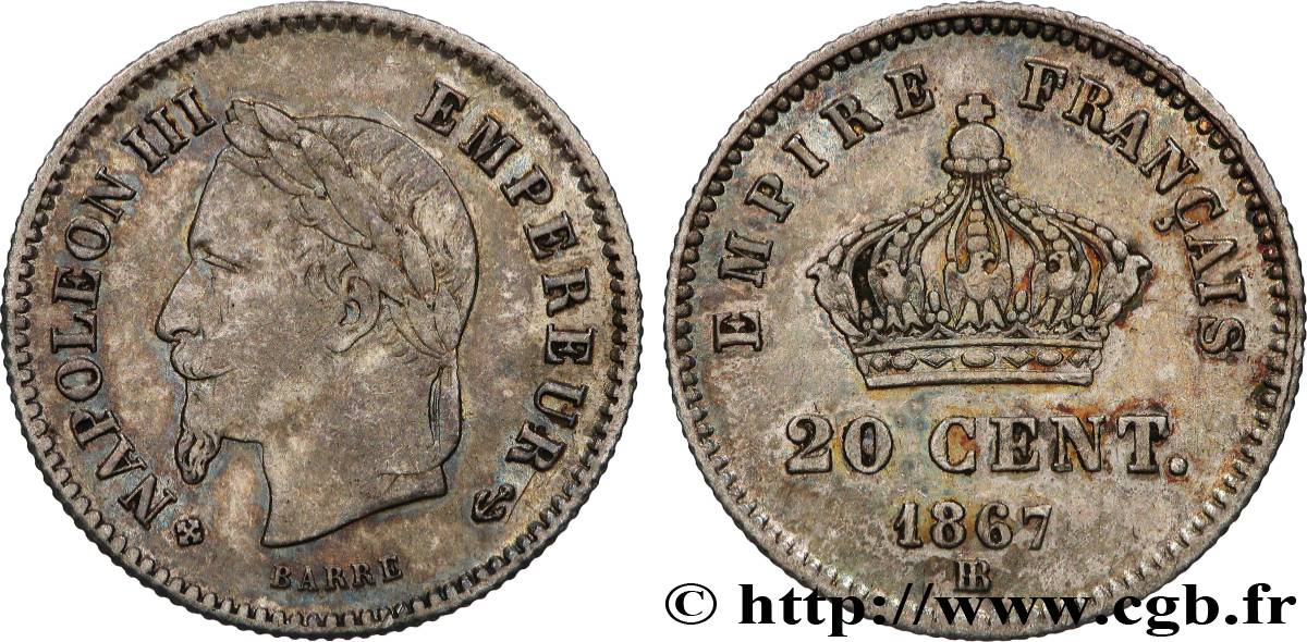 20 centimes Napoléon III, tête laurée, grand module 1867 Strasbourg F.150/2 TTB+ 