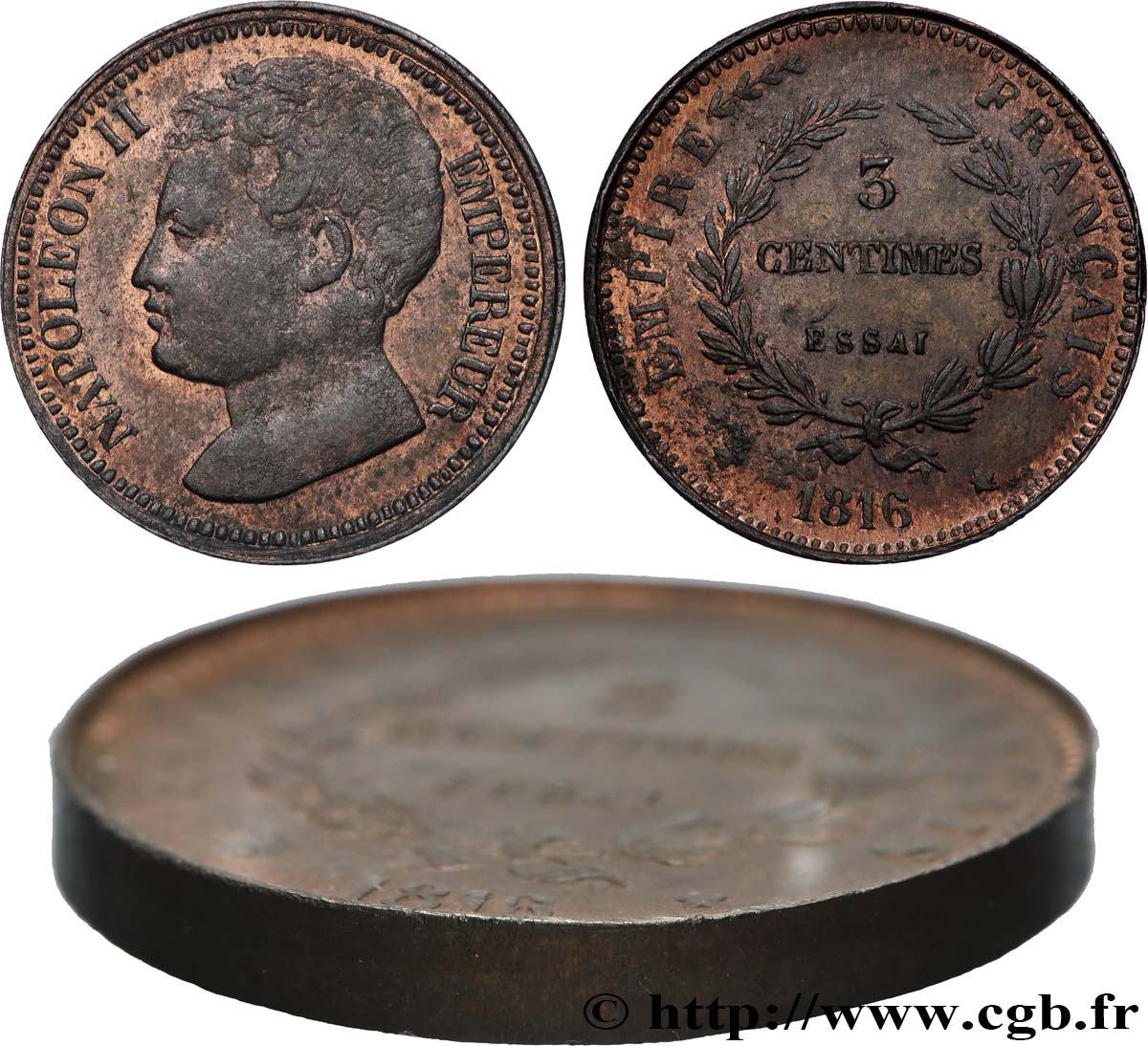 Essai de 3 centimes en bronze 1816  VG.2414  AU 