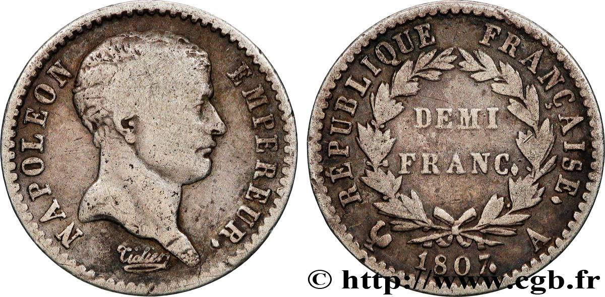 Demi-franc Napoléon Empereur, tête de nègre 1807 Paris F.176/1 TB 