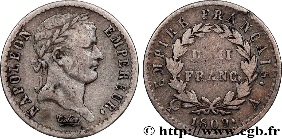 Demi-franc Napoléon Ier tête laurée, Empire français 1809 Paris F.178/1 TB 