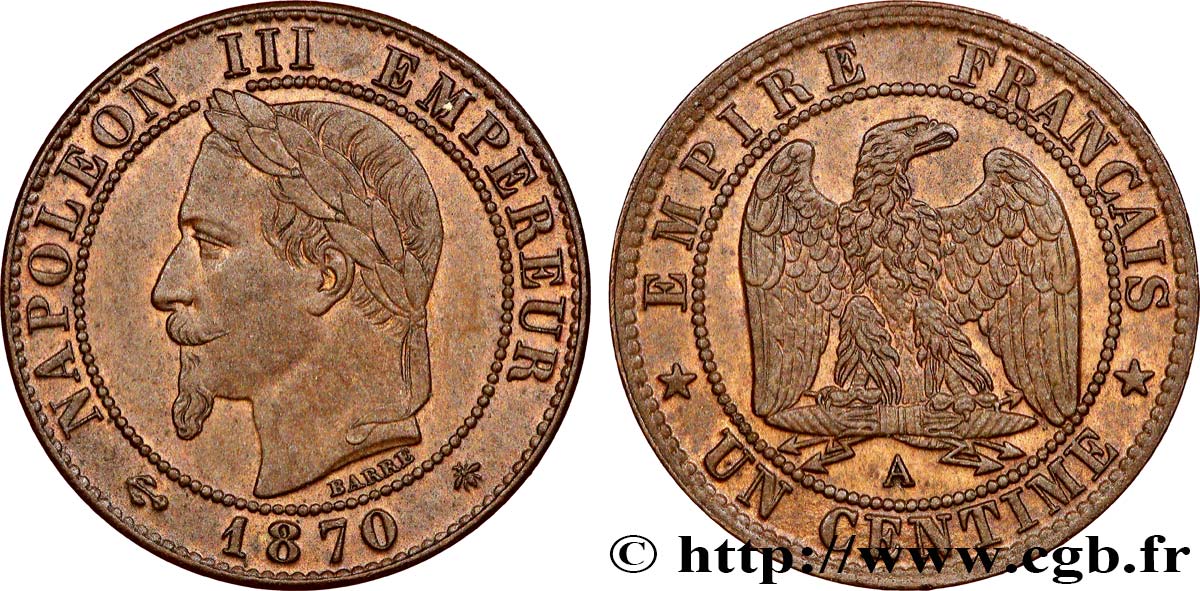 Un centime Napoléon III, tête laurée 1870 Paris F.103/8 SC64 